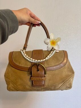 Coach Tan Suede Top-Handle Satchel with Pearl Chain